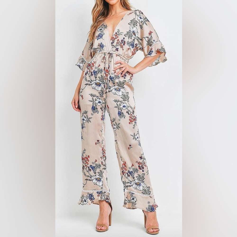 Silk Tan Floral Jumpsuit